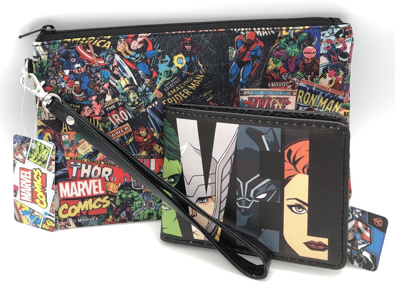 Marvel Brick Avengers Faces Black Multi Color Bifold Wallet and Pencil Case NEW